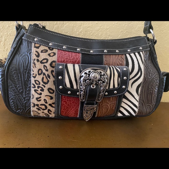 Western Leather Bag Real Animal Hide Silver Buckle - Picture 2 of 11